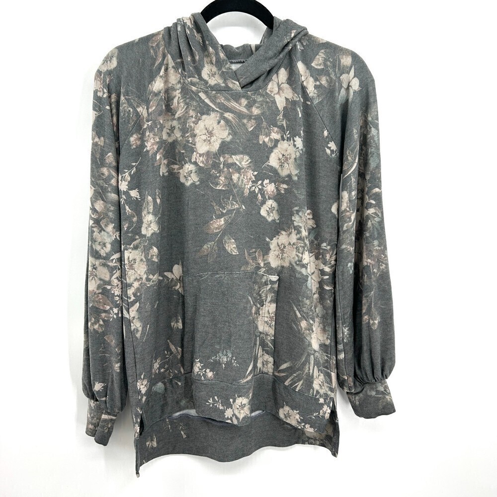 NWT CHASER Vintage Gray Floral Print Puff Sleeve Hoodie Sweatshirt Size Medium